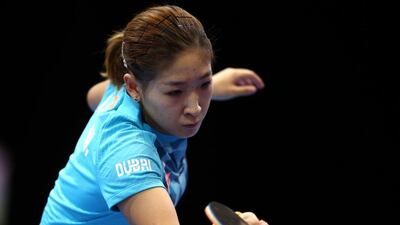 Liu Shiwen of China in action against Tie Yana of Hong Kong during Day 1 of the 2016 Table Tennis Asian Cup at Dubai World Trade Centre on April 28, 2016 in Dubai. (Photo by Warren Little/Getty Images)
