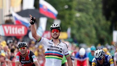 Bora-Hansgrohe rider Peter Sagan of Slovakia celebrates winning the stage. Benoit Tessier / Reuters