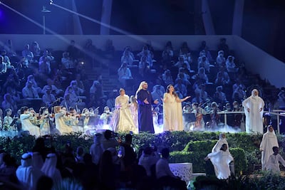 From left, Emirati singers Almas and Hussain Al Jassmi with Lebanese artist Mayssa Karaa perform during the opening ceremony of the Dubai Expo 2020. Photo: Giuseppe Cacace / AFP