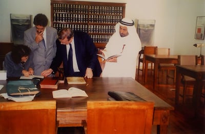 The Ruler of Sharjah during his search of the manuscripts in the Municipal Library of Porto in 2000