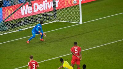 Brazil's Casemiro watches his shot hit the back of the net. AP
