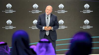 Craig Venter, co-founder, chairman, and chief executive officer of Human Longevity, speaks at the Dubai summit's Redesigning Longevity session. Reem Mohammed / The National
