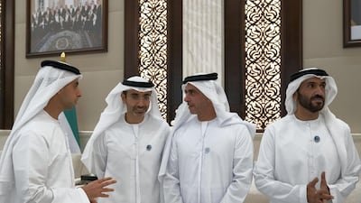 (L-R) Sheikh Khaled bin Zayed, Chairman of the Board of Zayed Higher Organization for Humanitarian Care and Special Needs, Sheikh Diab bin Zayed, Sheikh Saif bin Zayed, Deputy Prime Minister and Minister of Interior and Sheikh Nahyan bin Zayed, Chairman of the Board of Trustees of Zayed bin Sultan Al Nahyan Charitable and Humanitarian Foundation, attend an iftar reception held at Al Bateen Palace. Mohammed Al Hammadi / Crown Prince Court - Abu Dhabi