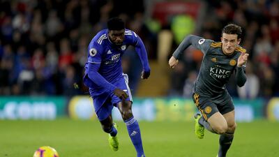 Ben Chilwell of Leicester City is challenged by Bruno Ecuele Manga of Cardiff City during the Premier League match between Cardiff City and Leicester City at Cardiff City Stadium. Getty