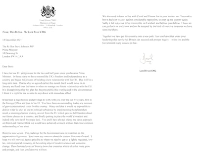 Lord Frost's letter to Prime Minister Boris Johnson, tendering his resignation. PA