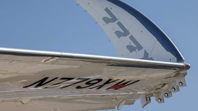 The folding wingtips of the Boeing 777X demonstration aircraft at the 2021 Dubai Airshow. AFP