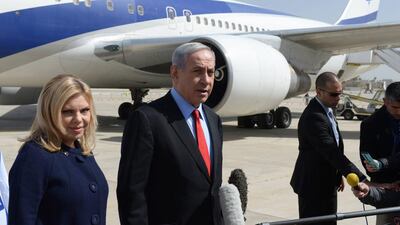 Israeli prime minister Benjamin Netanyahu pictured with his wife Sarah leaving Tel Aviv, Israel, on March 1, 2015, on their way to Washington, DC. Amos Ben Gershom/Government press office handout/EPA