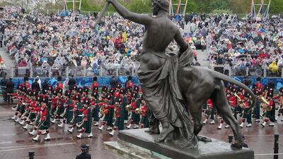 Troops marching during the coronation ceremony for Britain's King Charles III in London on Saturday. AP