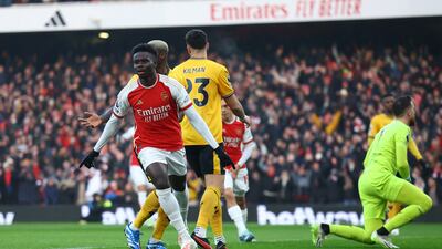 Arsenal's Bukayo Saka celebrates scoring their first goal against Wolverhampton Wanderers in the Premier League game at Emirates Stadium on December 2, 2023. Reuters