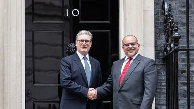 Salman bin Hamad Al Khalifa, Bahrain's Crown Prince, shakes hands with Keir Starmer, UK Prime Minister, outside No 10 Downing Street on Tuesday. Bloomberg