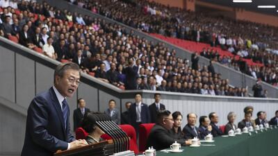 South Korean President Moon Jae-in delivered a speech to a massive North Korean crowd gathered for mass games, calling for the rival Koreas to end seven decades of hostility and build a future of peace and prosperity. Getty Images