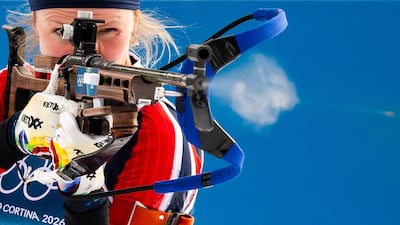 Norway's Karoline Offigstad Knotten shoots in the women's biathlon 4x6km relay event, at the Milano Cortina Winter Olympics. AFP