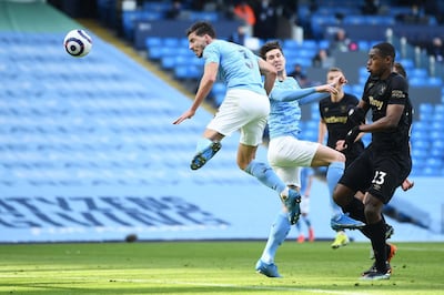 Ruben Dias scores his team's first goal during the Premier League match against West Ham at Etihad Stadium in February. Getty