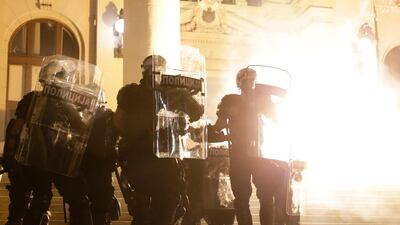 Thousands gathered in front of the Serbian Parliament to protest the new coronavirus measures. EPA