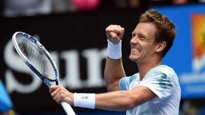 Tomas Berdych celebrates after beating Rafael Nadal to advance to the Australian Open semi-finals on Tuesday in Melbourne. Filip Singer / EPA / January 27, 2015