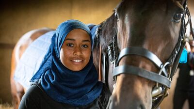 Khadijah Mellah, 18, of London, will become the first British jockey to compete in a horse race in a hijab on Thursday at Goodwood. Courtesy: Great British Racing