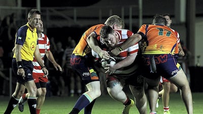 RAK Rugby and Arabian Knights in action during the Nick Young Memorial match. Satish Kumar for The National