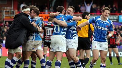 Newport Gwent Dragons players celebrate their victory over Gloucester Rugby in the European Rugby Challenge Cup quarter-final on Saturday. David Jones / Getty Images / April 9, 2016