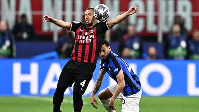 AC Milan's Ismael Bennacer, left, in action against Inter Milan during the Uefa Champions League semi-final first leg at the San Siro on May 10, 2023. AFP
