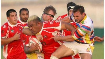 Trevor Leota, centre, the blockbusting Samoan hooker now plying his trade in Dubai, is looking forward to meeting old friends when his former club London Wasps travel to Abu Dhabi later this month. Paulo Vecina / The National