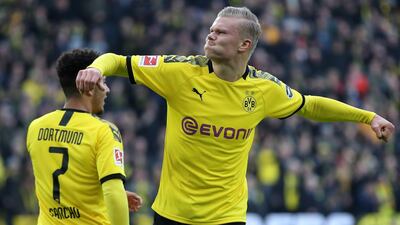 Borussia Dortmund's Erling Haaland celebrates after scoring his first goal against Union Berlin on Saturday. EPA