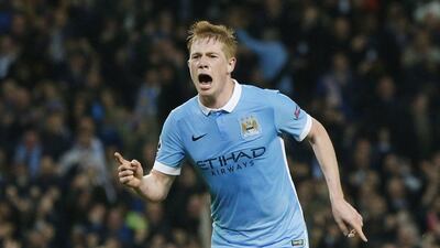 Manchester City's Kevin de Bruyne celebrates a goal against Sevilla in the Champions League on Wednesday night. Phil Noble / Reuters / October 21, 2015
