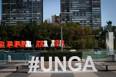 A sign sits in the empty North entrance plaza at United Nations headquarters during the 75th annual UN General Assembly high-level debate. Reuters