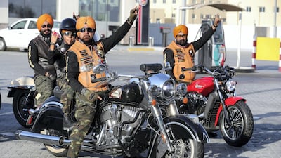 Various motorcycle groups meet up at the Enoc petrol station every Friday morning, alongside Singhs Motorcycle Club UAE. Pawan Singh / The National