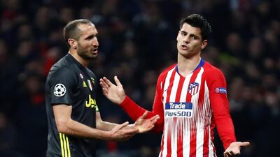 Alvaro Morata reacts after his goal is disallowed for a push on Giorgio Chiellini. Reuters