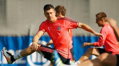 Robert Lewandowski warms up during a Bayern Munich training session ahead of their Uefa Champions League quarter-final first leg match against Benfica at Saebener Strasse training ground on April 4, 2016 in Munich, Germany. Adam Pretty / Getty Images
