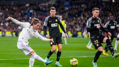 Real Madrid's Luka Modric scores his side's 4th goal during Spanish La Liga soccer match between Real Madrid and Elche CF at the Santiago Bernabeu stadium in Madrid, Spain, Wednesday, Feb. 15, 2023. (AP Photo / Manu Fernandez)