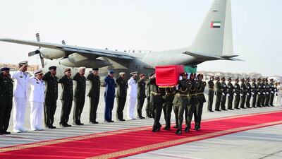 The arrival of the body of the martyr Saif Al Falasi to Al Bateen airport in Abu Dhabi. Wam