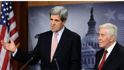 John Kerry, the chairman of the US Senate's Foreign Relations Committee, left, seen with the Senator Richard Lugar, addresses a news conference in Washington. Jonathan Ernst / Reuters