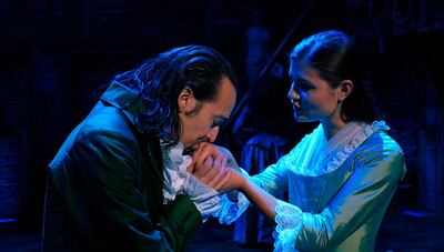 Lin-Manuel Miranda as Alexander Hamilton, left, with Phillipa Soo playing his wife, Eliza. AP
