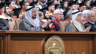 Sheikh Dr Sultan bin Muhammad Al Qasimi, Ruler of Sharjah and president of the American University of Sharjah, attends a graduation ceremony on Saturday. Wam