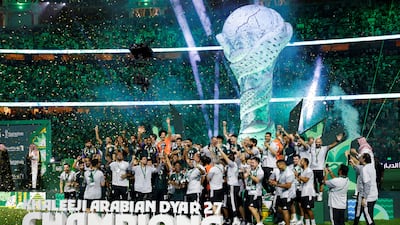 Saudi Arabia players and staff celebrate after winning the 2026 Gulf Cup final against the UAE at the King Abdullah Sports City Stadium in Jeddah this month. Reuters