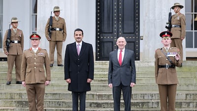 Sheikh Tamim and Mr Healey pose at Sandhurst. AP