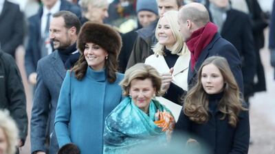 From left: Crown Prince Haakon, Catherine, Duchess of Cambridge, Queen Sonja of Norway, Crown Princess Mette-Marit of Norway, Prince William, Duke of Cambridge and Princess Ingrid Alexandra of Norway exit the Royal Palace. Chris Jackson / Getty Images