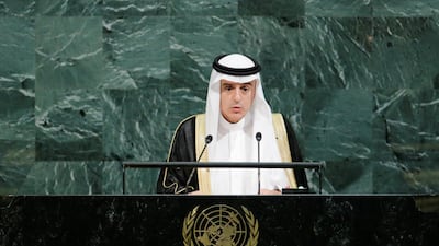 Saudi Arabia's foreign minister Adel Al Jubeir addresses the United Nations General Assembly in New York on September 23, 2017. Eduardo Munoz / Reuters
