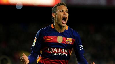 Barcelona’s Brazilian forward Neymar celebrates after scoring during the Spanish Copa del Rey (King’s Cup) round of 16 first leg football match FC Barcelona vs RCD Espanyol at the Camp Nou stadium in Barcelona on January 6, 2016. AFP PHOTO/ PAU BARRENA / AFP / PAU BARRENA