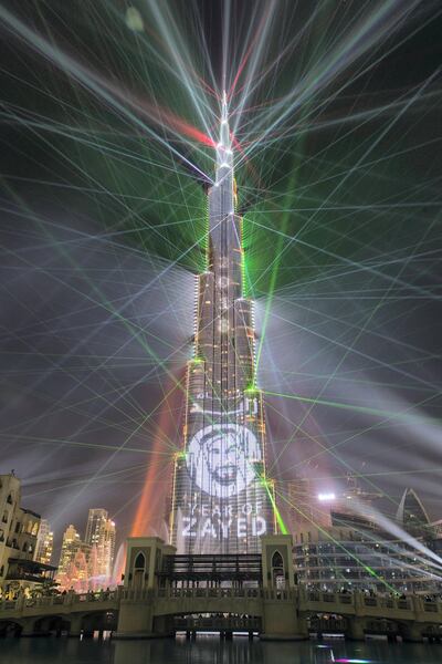 Year of Zayed is displayed on Burk Khalifa. Christopher Pike / The National