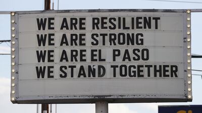 A sign is posted near the scene of a mass shooting at a Walmart, which left at least 20 people dead on August 4, 2019 in El Paso, Texas, US. Getty