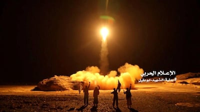 In this file photo distributed by the Houthi Military Media Unit shows the launch by Houthi forces of a ballistic missile aimed at Saudi Arabia March 25, 2018. Reuters