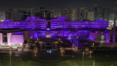 The Abu Dhabi Municipality building glows in purple, which signifies royalty and was one of the colours of the queen's platinum jubilee celebrations.