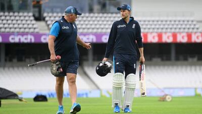 England captain Joe Root speaks to coach Chris Silverwood during a nets session at Headingley. Getty