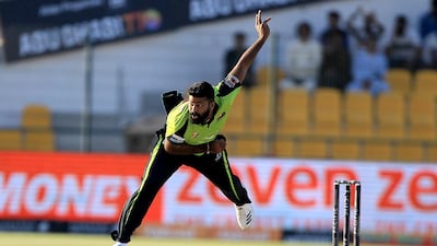 Lahiru Kumara of Qalandars in action against Delhi Bulls during the T10 match at the Zayed Cricket stadium in Abu Dhbai . Satish Kumar/ For the National