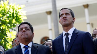 Juan Guaido (R) and lawmaker Edgar Zambrano leave the congress after Guaido's swearing-in ceremony, in Caracas, Venezuela January 5, 2019. Reuters