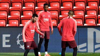 Lionel Messi takes part in training at Anfield ahead of the Uefa Champions League semi-final, second leg against Liverpool. EPA