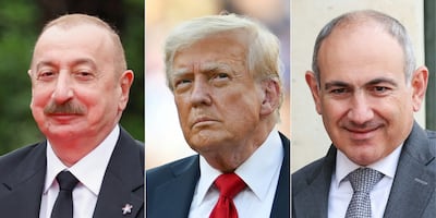 Azerbaijan's President Ilham Aliyev, left, US President Donald Trump and Armenia's Prime Minister Nikol Pashinyan. The Trump Route for International Peace and Prosperity is the main driver of evolving change in the South Caucasus. AFP