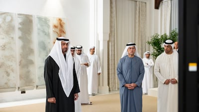 President Sheikh Mohamed is briefed on Abu Dhabi's new housing strategy for citizens. Photo: Ryan Carter / UAE Presidential Court